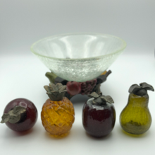 Load image into Gallery viewer, Vintage Hand Blown Art Glass Fruit With Iron Stems with Crackle Glass Bowl and Stand