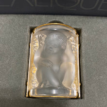 Load image into Gallery viewer, Vintage LALIQUE Gold Tone Frosted Carved Art Glass Infant Angel Pin Brooch
