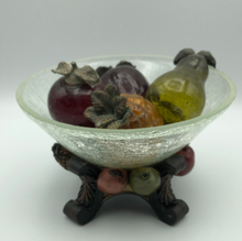 Load image into Gallery viewer, Vintage Hand Blown Art Glass Fruit With Iron Stems with Crackle Glass Bowl and Stand
