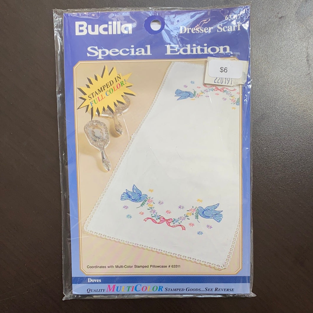BUCILLA Special Edition - Stamped Cross Stitch DRESSER SCARF DOVES