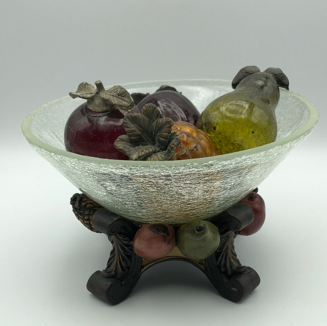 Vintage Hand Blown Art Glass Fruit With Iron Stems with Crackle Glass Bowl and Stand