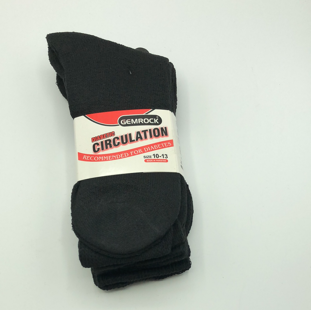 Gemrock Diabetic Circulation Recommended for Diabetes Black Socks 3-pack Size 10-13