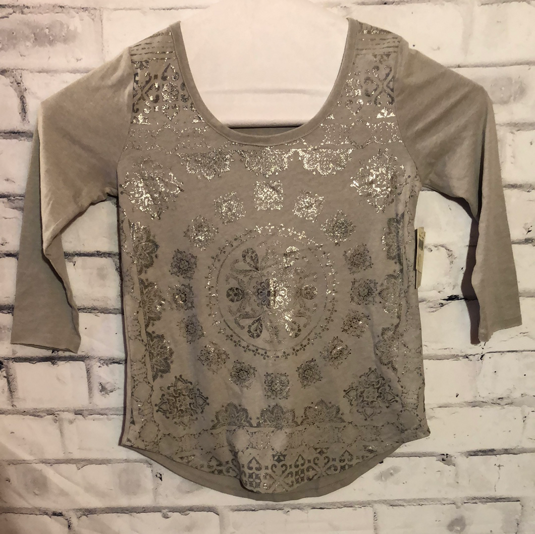 Lucky Brand Tan Printed Quarter Sleeve T Shirt Size Small