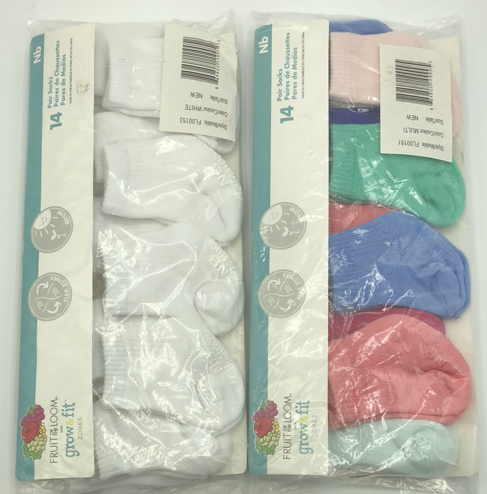 Fruit of the Loom Newborn Socks 14 pack White or Colored Sets