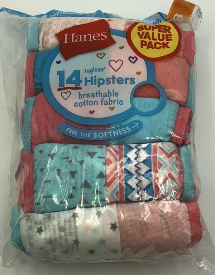 Hanes Girls Underwear, 14 Pack Tagless Super Soft Cotton Hipsters Sizes 6 - 16