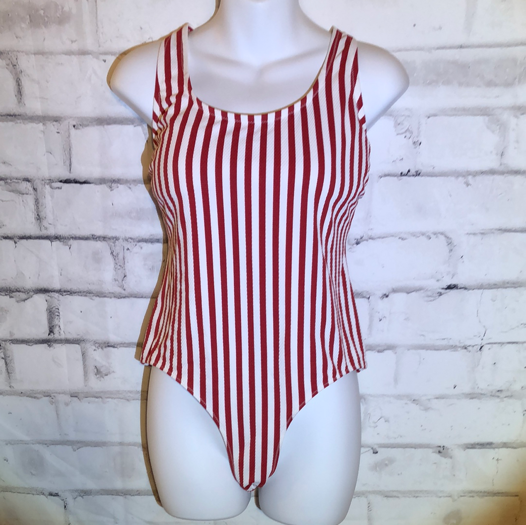 H&M Red Candy Stripe One Piece Swim Suit Size 14